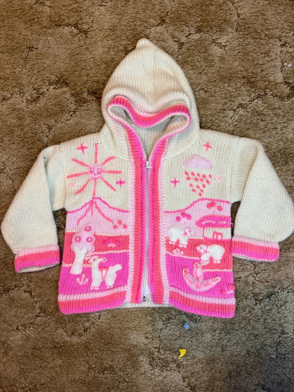 Vintage Kids 100% Wool Pink Cream Hooded Zip Sweater Applique 3T